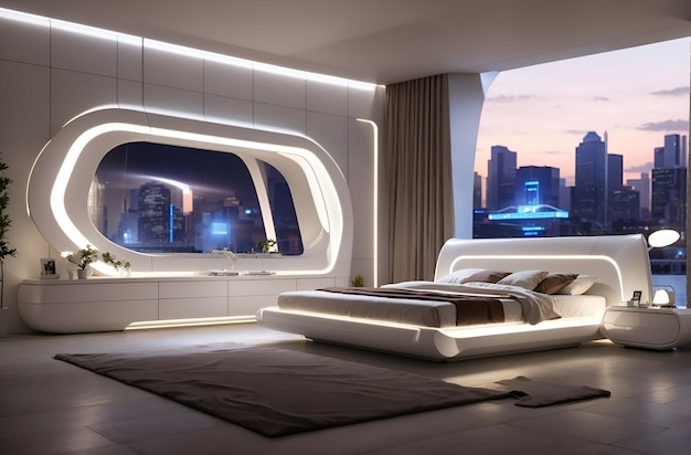 Photo of a city bedroom with a stunning view from a large window