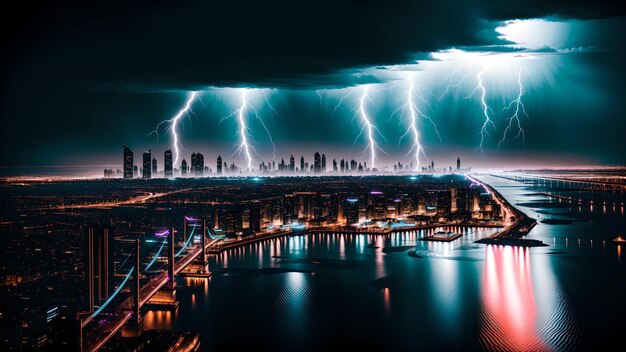 Photo photo of a city illuminated by a spectacular lightning storm