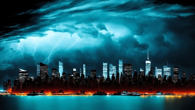 Photo photo of a city skyline illuminated by the vibrant lights of the night as a dramatic storm looms