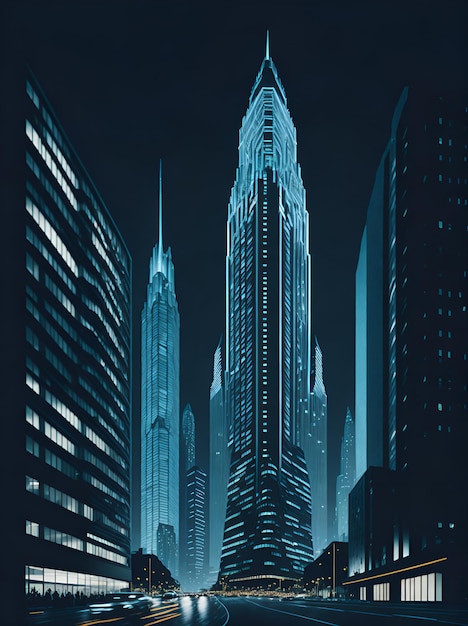 Фото городского горизонта ночью с освещенными небоскребами
