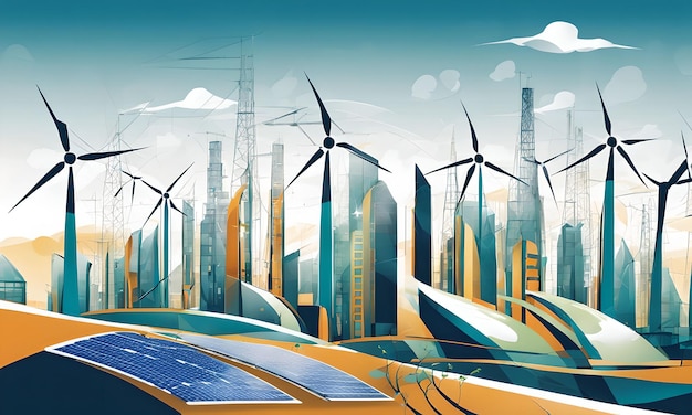 Photo of a city skyline with wind turbines and solar panels integrated into buildings surreal