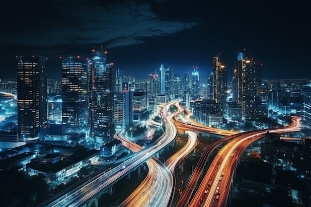 photo city view at night with traffic and trail light