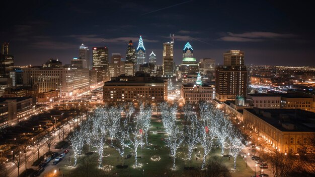 A Photo of Cityscape Illuminated by Festive Holiday Lights