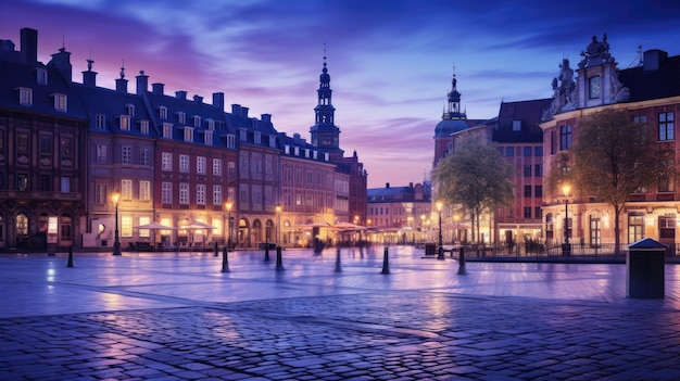 A photo of a cityscape with a central square historic buildings