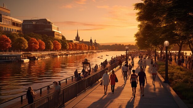 A photo of a cityscape with a riverfront promenade people walking