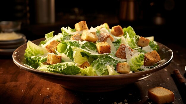 A photo of a classic Caesar salad with croutons