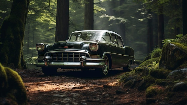 A photo of a classic car in a forest