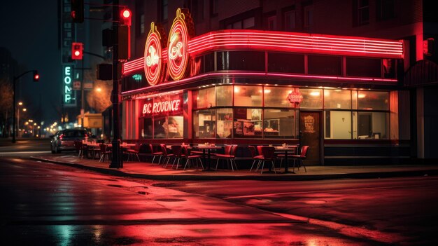 Foto una foto di un ristorante classico con segni al neon sullo sfondo dell'angolo della strada