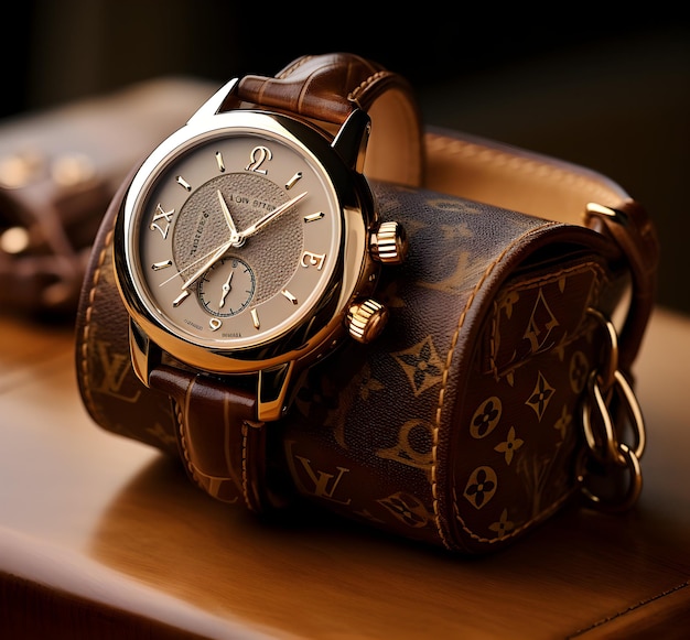 Photo classic leather women brown clutch purse with wrist watch generative ai