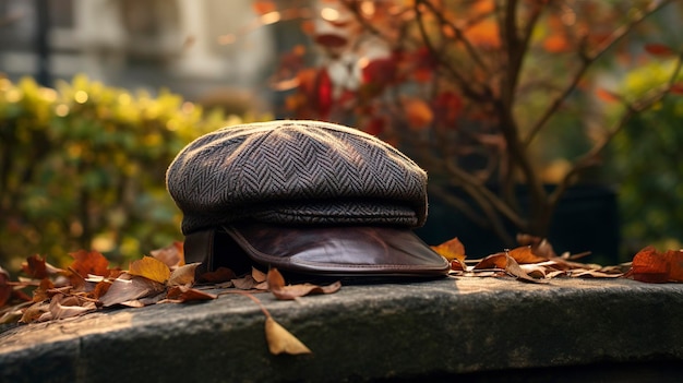Photo a photo of a classic newsboy cap in a city garden