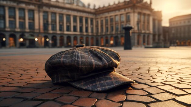 Photo a photo of a classic newsboy cap in a city square