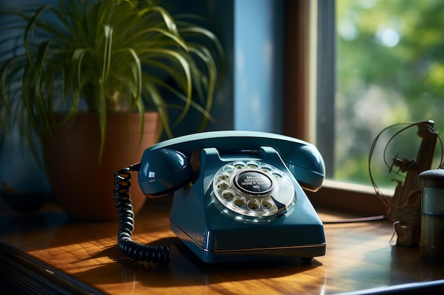 Photo of a classic rotary telephone on a table Generative AI