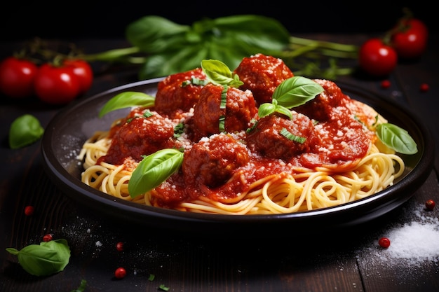 Photo of a classic spaghetti and meatballs dish with a savory tomato sauce Generative AI