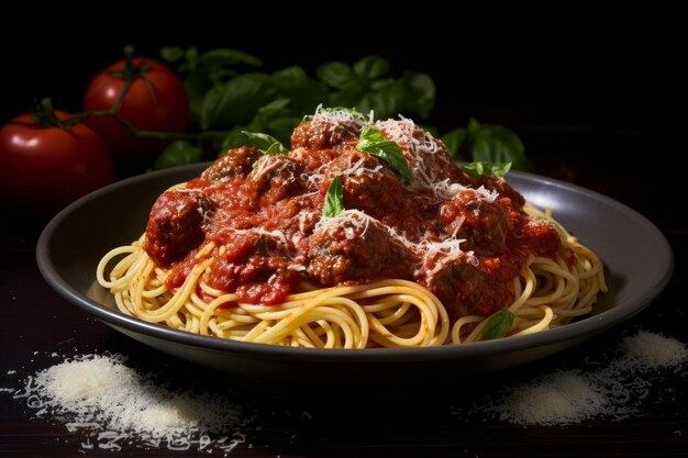 Foto foto di un classico piatto di spaghetti e polpette con una salsa di pomodoro generativa ai