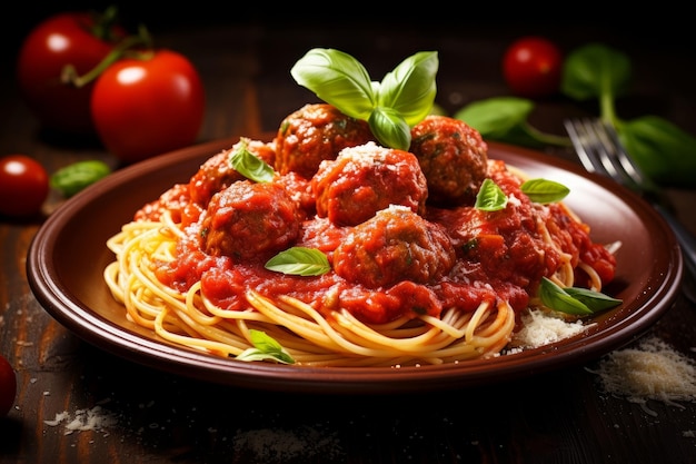 맛있는 토마토 소스와 함께 고전적인 스파게티와 피트볼 요리의 사진 Generative AI