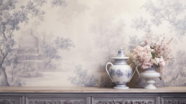 A photo of a classic toile wallpaper timeless and elegant