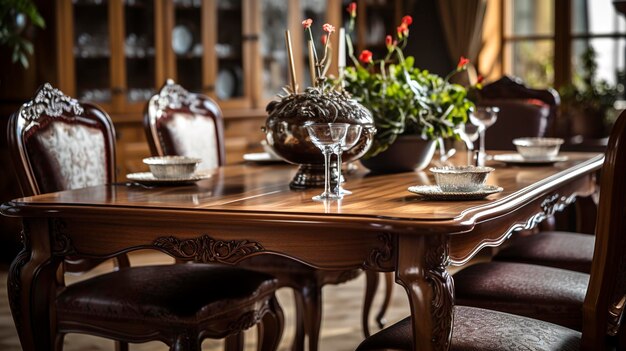 Foto una foto di un classico tavolo da pranzo in legno