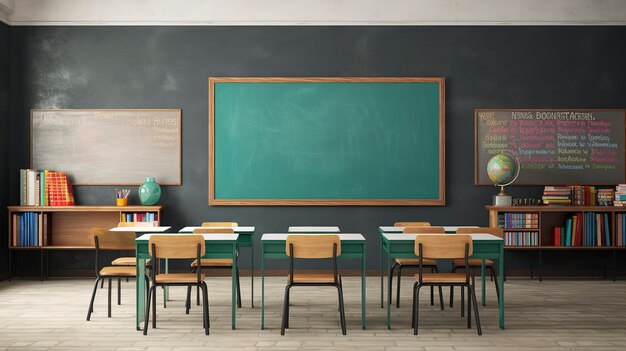 A photo of a classroom with desks and a chalkboard