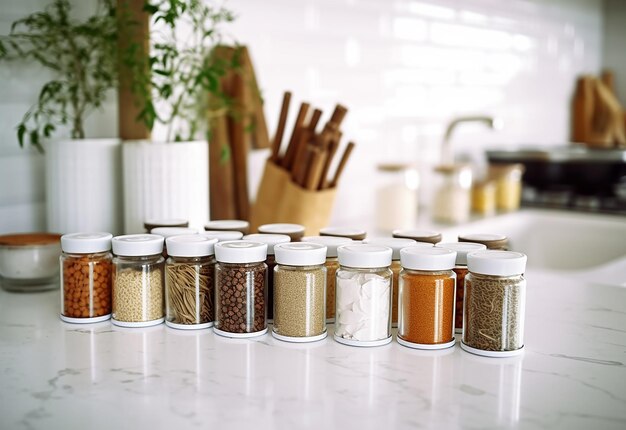 Photo of clean kitchen counter top with kitchen items and spices bottles rack