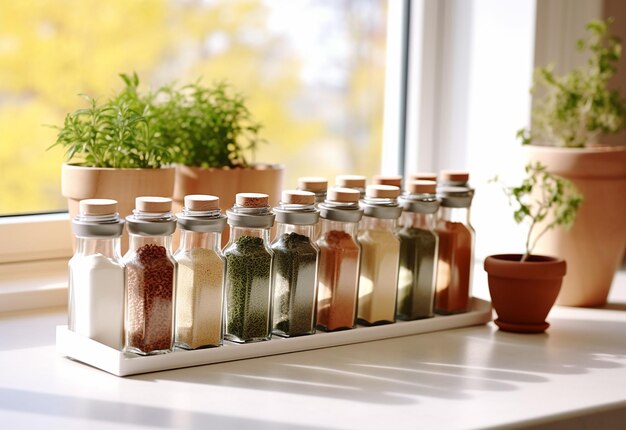 Photo of clean kitchen counter top with kitchen items and spices bottles rack