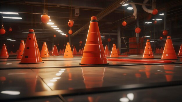 A photo of a clean and organized area with agility cone