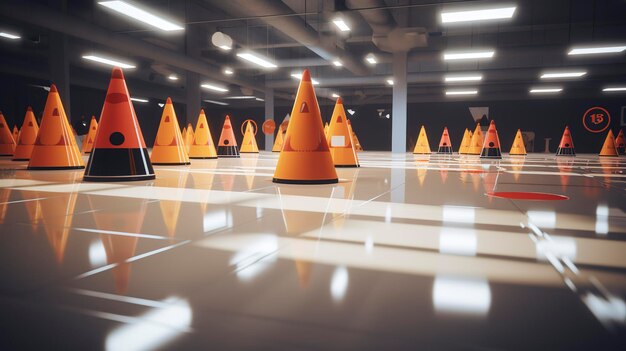 A photo of a clean and organized area with agility cone