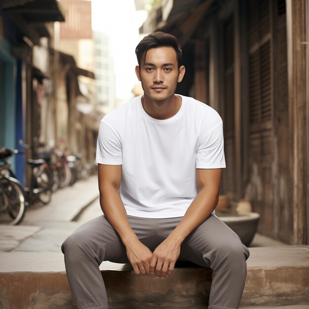 photo clean white tshirt asian man sitting the town