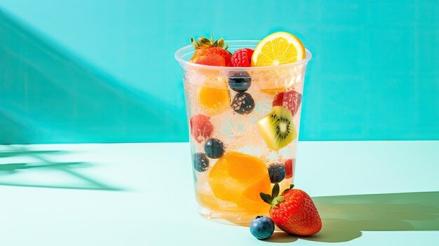 A photo of a clear plastic cup colorful fruit backdrop