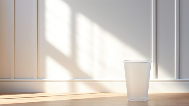 A photo of a clear plastic cup white kitchen backdrop