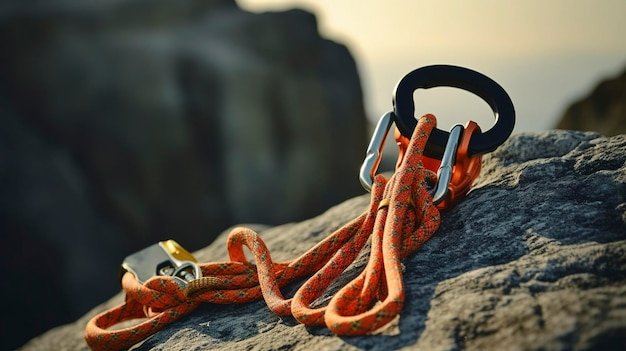 A photo of a climbing rope carabiners and harness on a craggy cliff