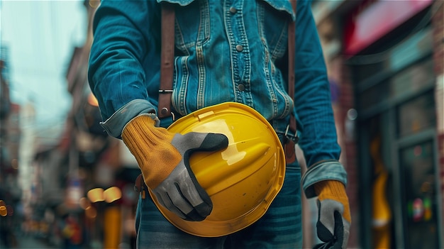 노란색 헬을 들고 있는 건설 노동자의 근접 사진