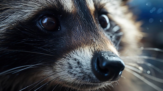 A photo of a close up of a curious raccoon's face