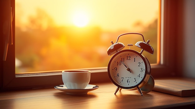 Photo of close up evening time clock with tea coffee cup landscape