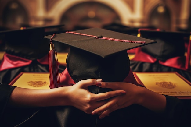 Photo photo close up hands holding diplomas and caps