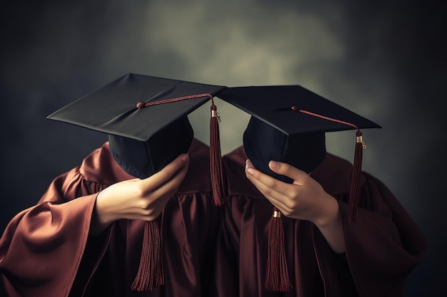 photo close up hands holding diplomas and caps