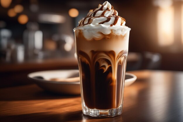 photo close up iced coffee with whipped cream on cafe background