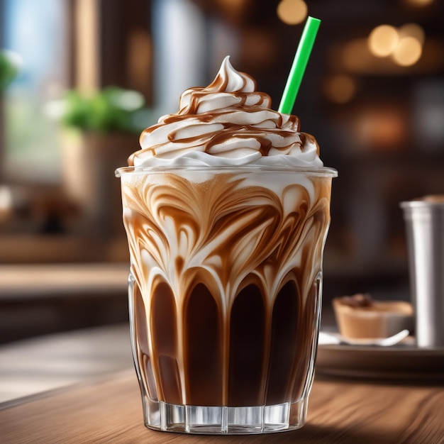 Foto da vicino caffè freddo con panna montata sullo sfondo del caffè