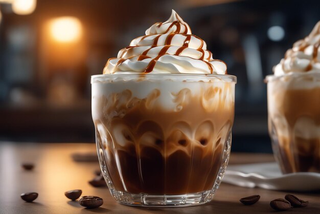 Photo close up iced coffee with whipped cream on cafe background