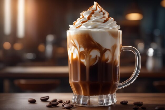 Foto foto da vicino caffè freddo con panna montata sullo sfondo del caffè