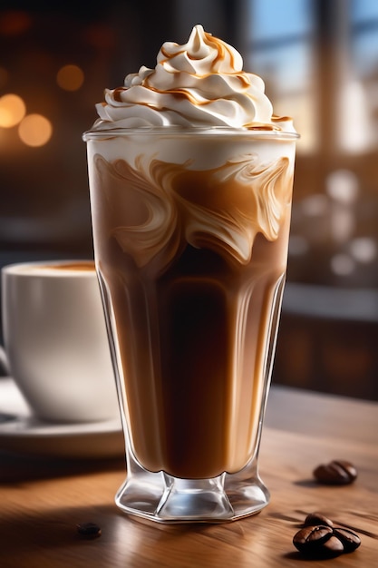 фото крупным планом холодный кофе со взбитыми сливками на фоне кафе