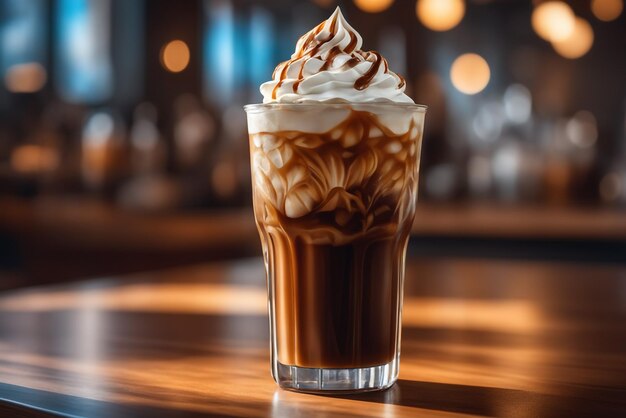 Photo photo close up iced coffee with whipped cream on cafe background