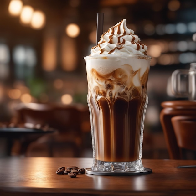 фото крупным планом холодный кофе со взбитыми сливками на фоне кафе
