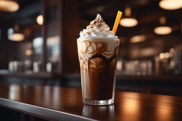 Photo photo close up iced coffee with whipped cream on cafe background