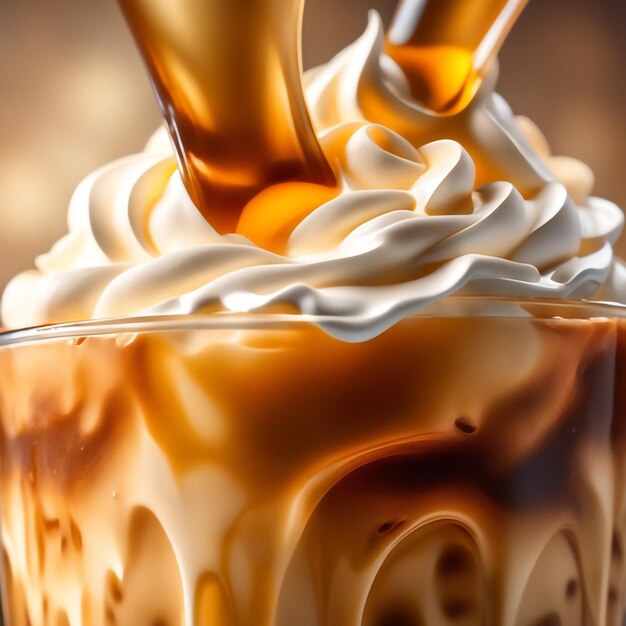 photo close up iced coffee with whipped cream on cafe background