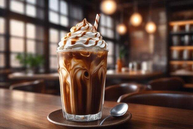 Photo close up iced coffee with whipped cream on cafe background