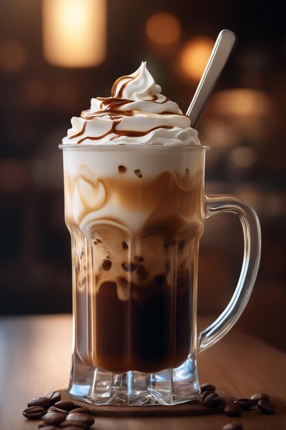 photo close up iced coffee with whipped cream on cafe background