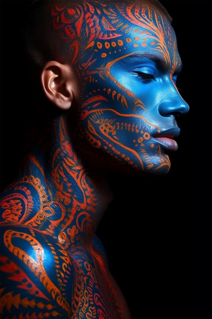 Photo close up of male model with neon body art