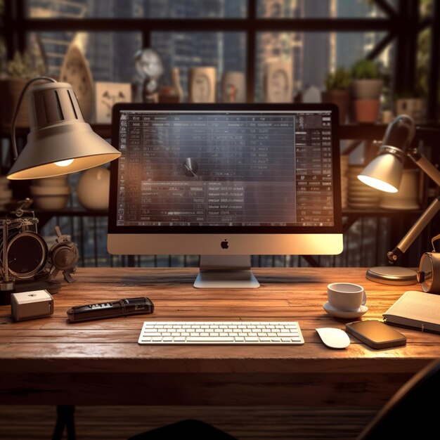 photo close up of monitor and work instruments on wooden desk in empty