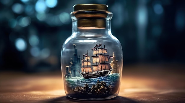 Photo close up old ship on bottle Generative AI