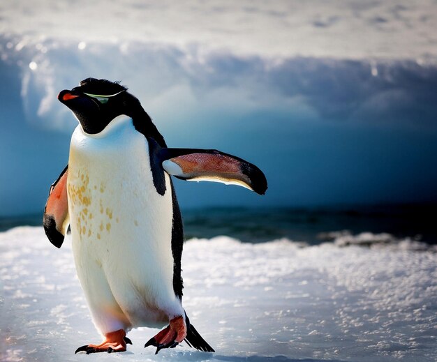 凍った海の上を歩くペンギンのクローズアップ写真